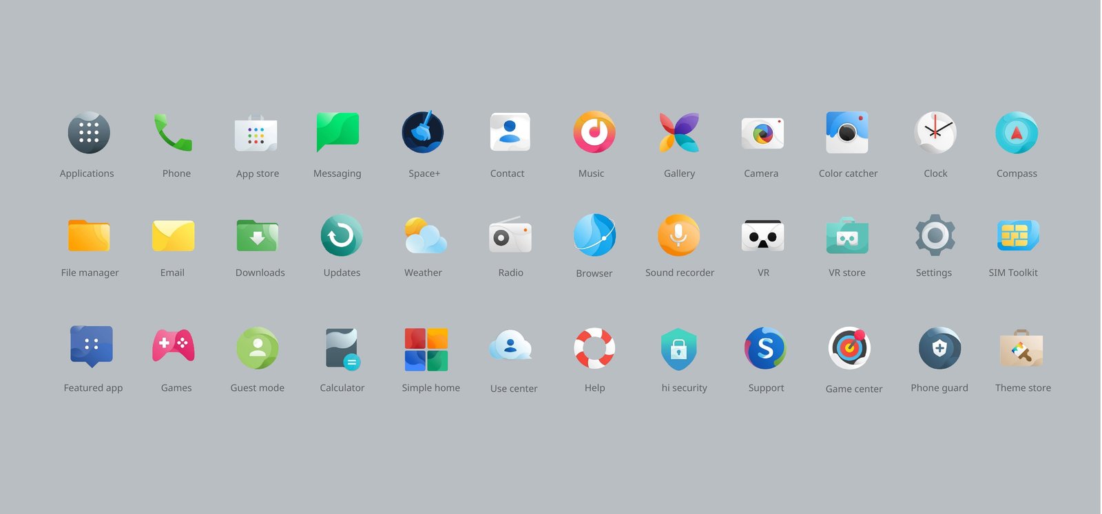 Original Alcatel Android N app icon family, with three rows of labelled communication, media, utility, and service icons