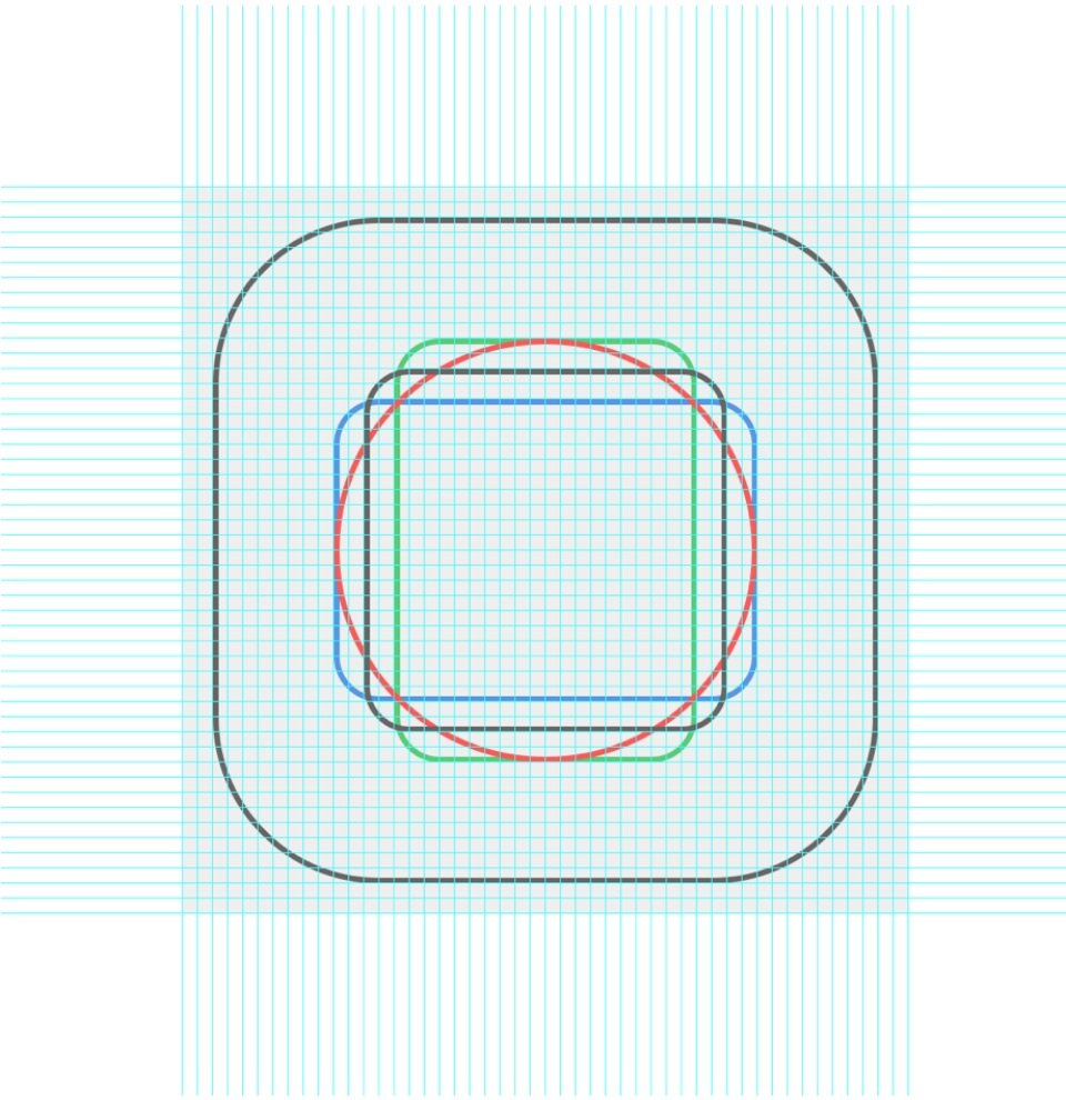 Original icon construction grid showing different inner shapes balanced within a common rounded-square container