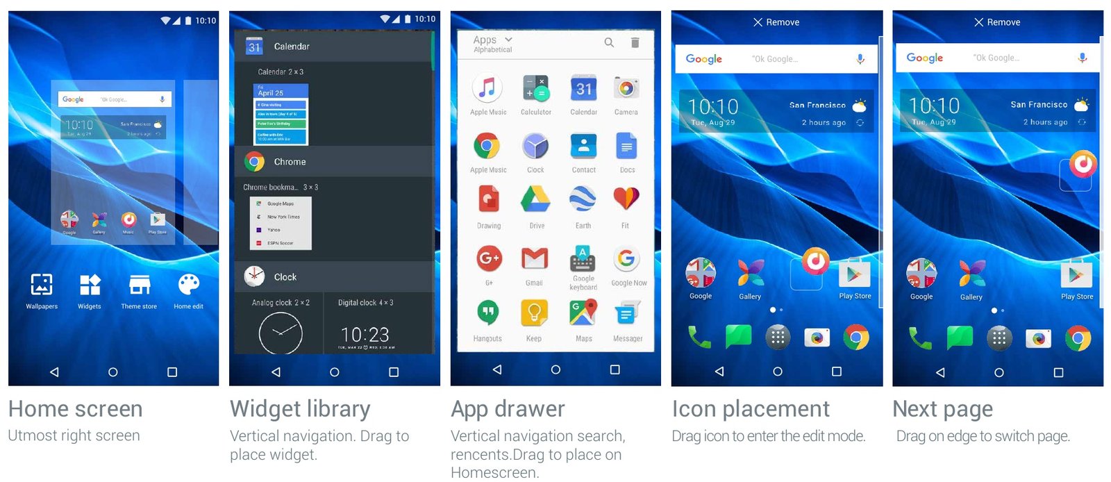 Alcatel launcher guideline screens showing home editing, the widget library, app drawer, and dragging an icon between pages