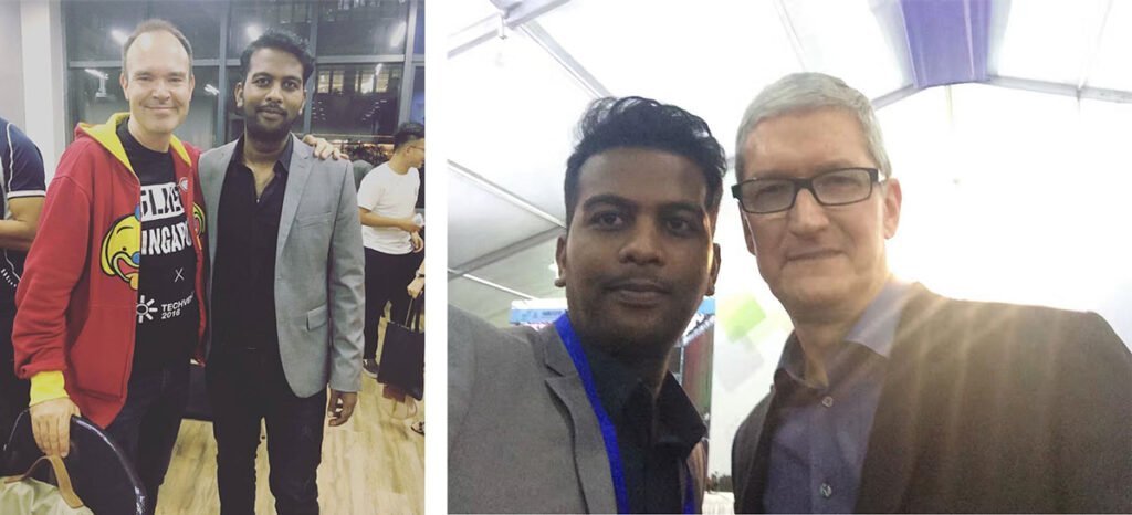 Saravana’s event photographs with Peter Vesterbacka on the left and Tim Cook on the right