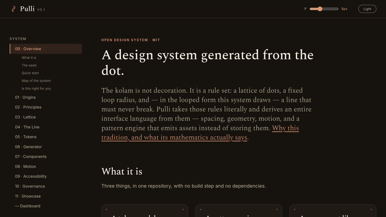 Actual Pulli homepage with warm dark theme, serif typography, and design system navigation