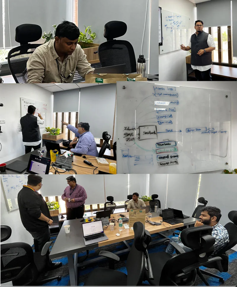 Collage of Benchmarking workshop participants discussing requirements around a table and documenting ideas on whiteboards
