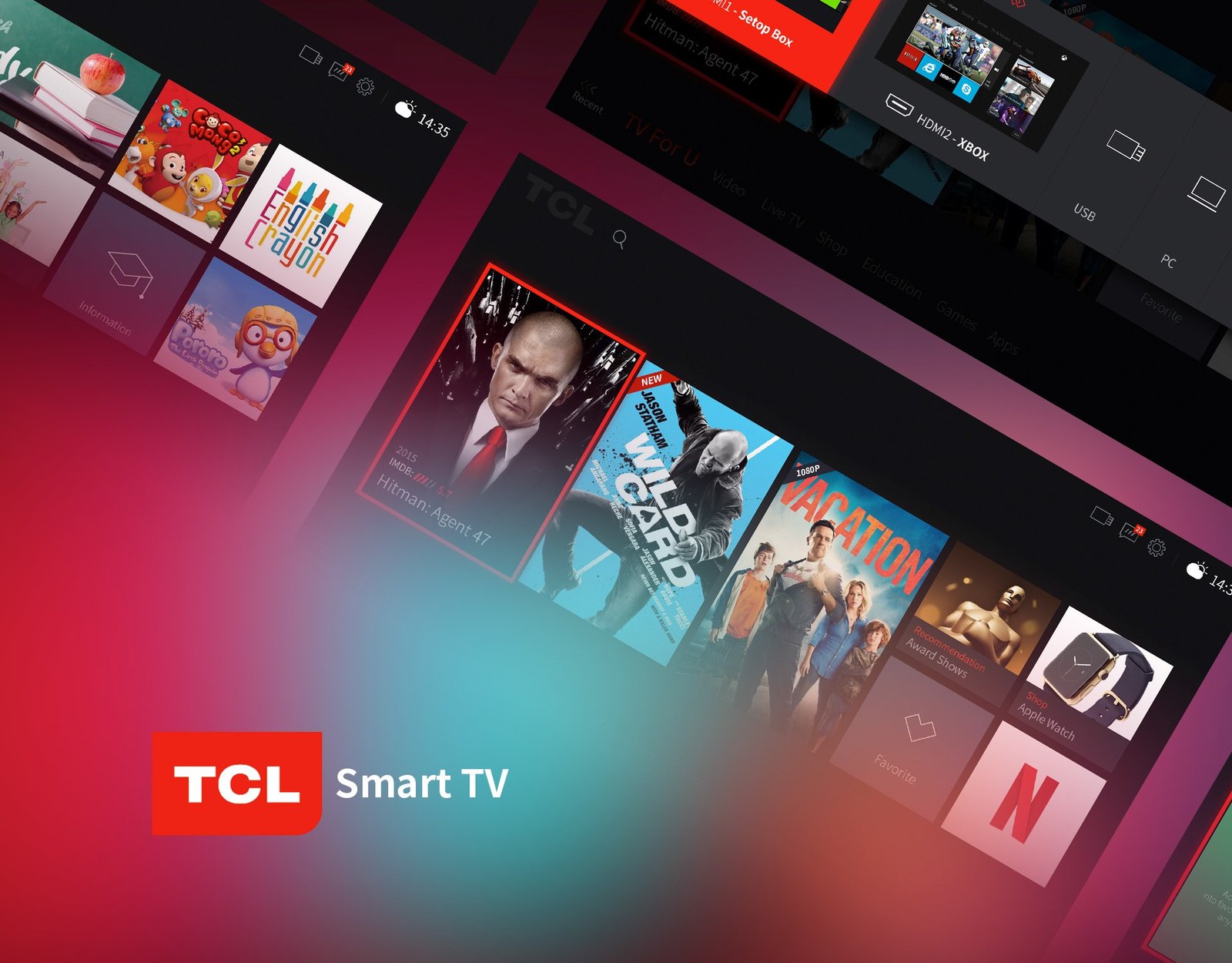 Original TCL Smart TV presentation with angled television interface screens