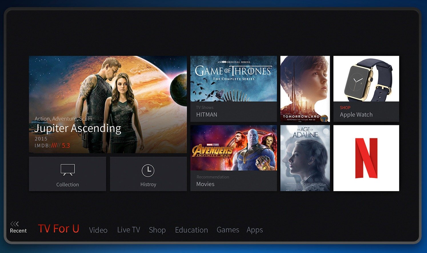 Original TCL television home interface with a featured film, content tiles, collection, history, and bottom navigation