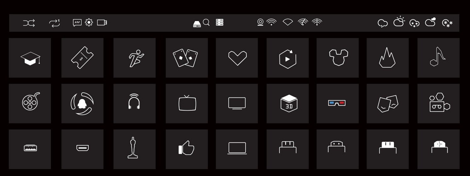 Original line icon library for television categories, devices, and system functions