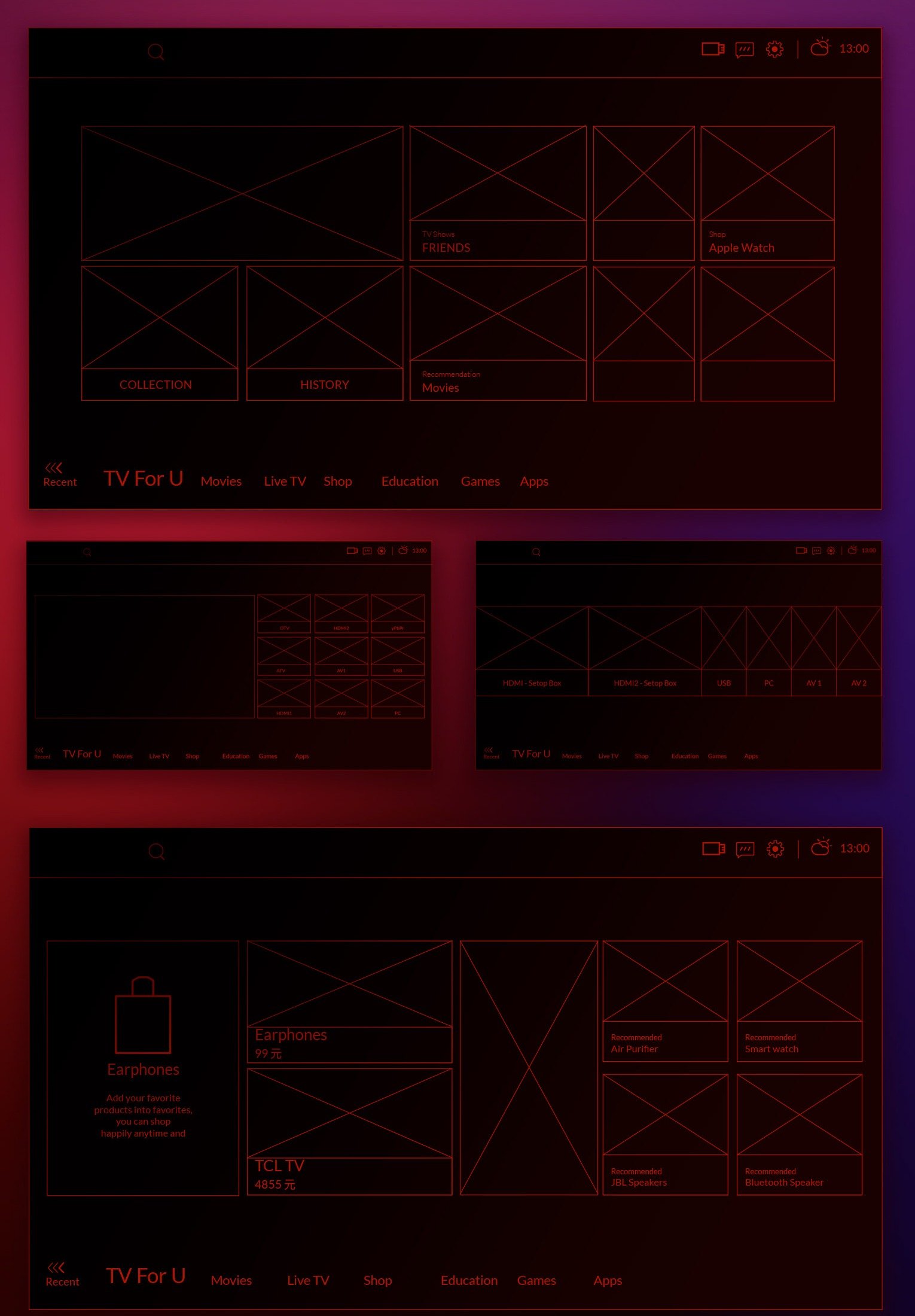 Original television wireframes showing tile hierarchies, category navigation, and alternative screen layouts
